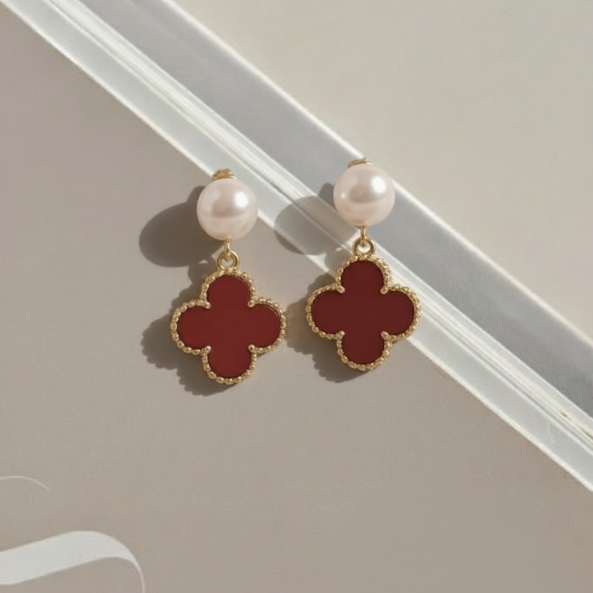 The Red Clover - Pearl Drop Earrings