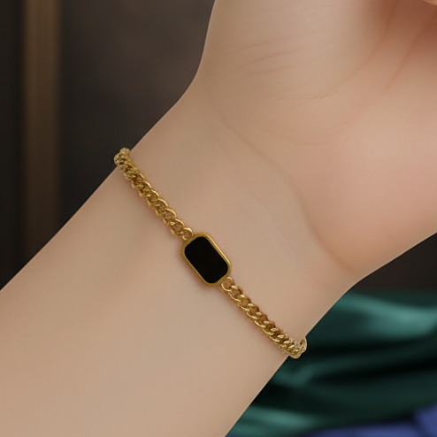 Minimal Black Enamel Gold Chain Bracelet