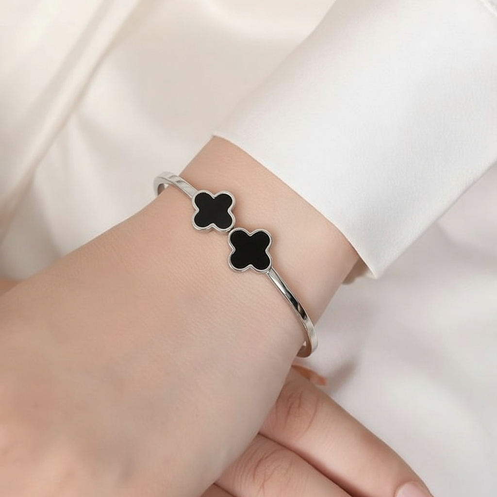 The Silver Clover Bangle - Double Black Enamel