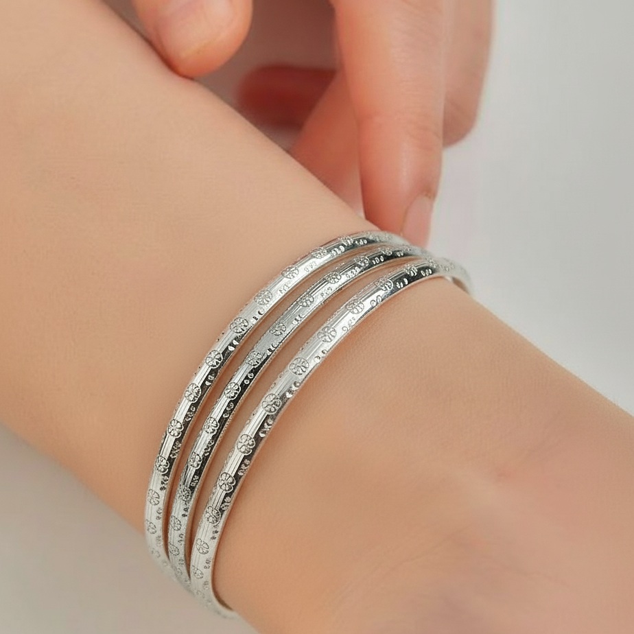 The Silver Stack - Thin Etched Bangle Set (Set of 3)