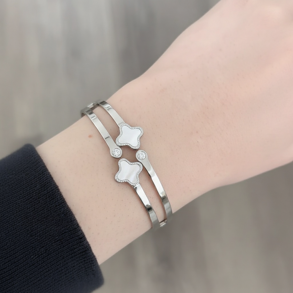 The Silver Clover Cuff - White Pearl Bangle