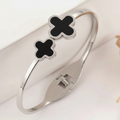 The Silver Clover Bangle - Double Black Enamel