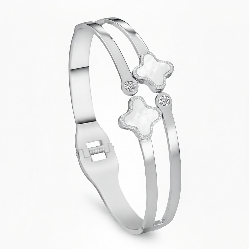 The Silver Clover Cuff - White Pearl Bangle