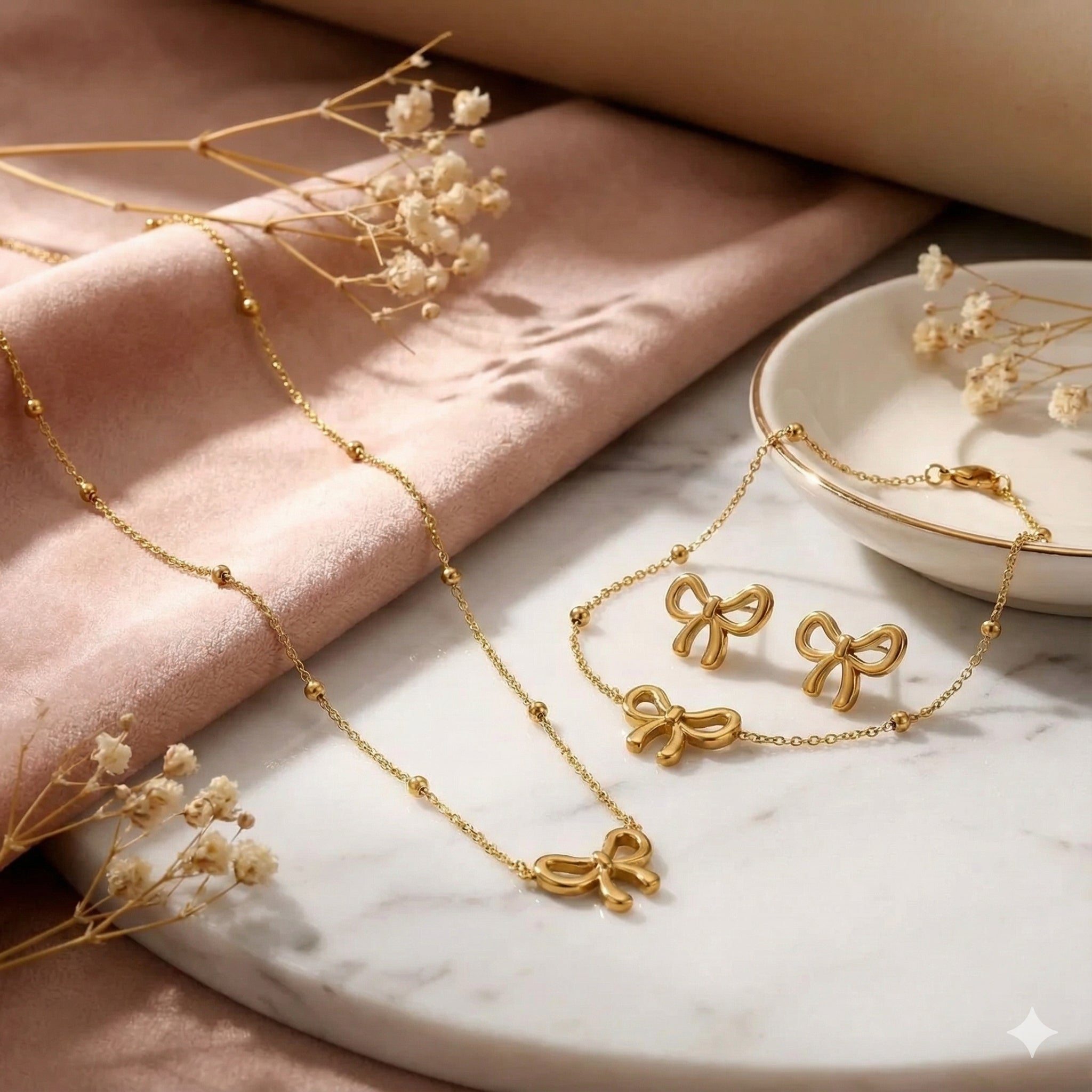 Golden Tone Bow Jewelry Trio Set