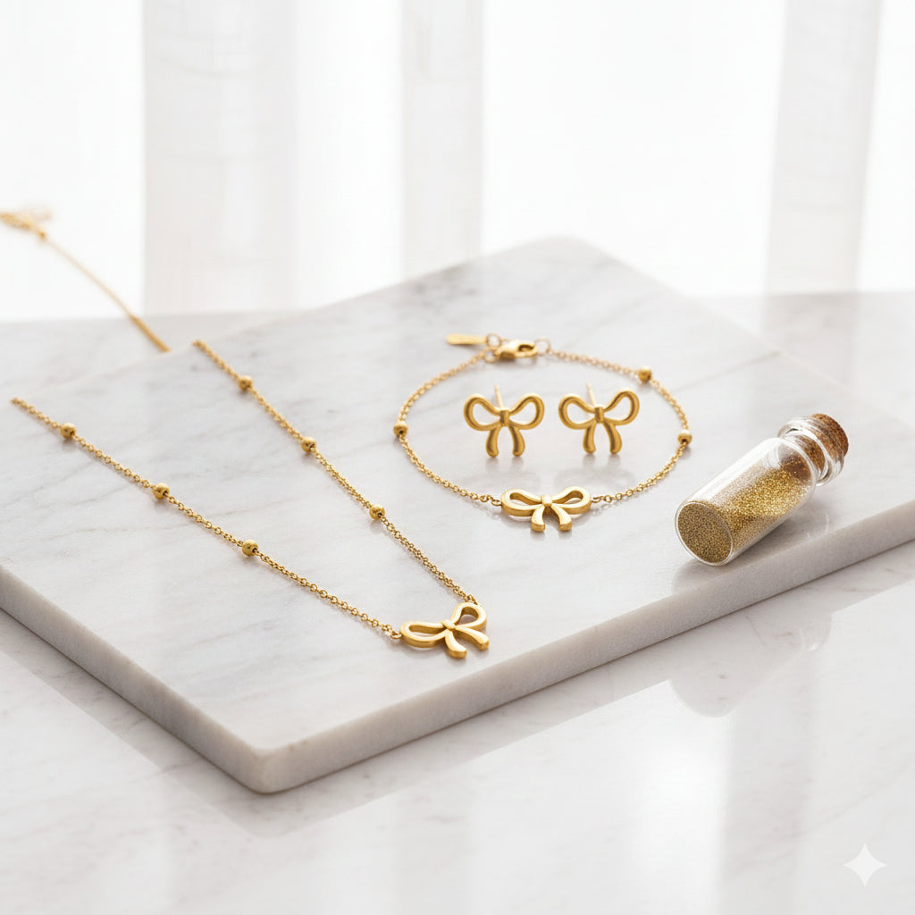 Golden Tone Bow Jewelry Trio Set