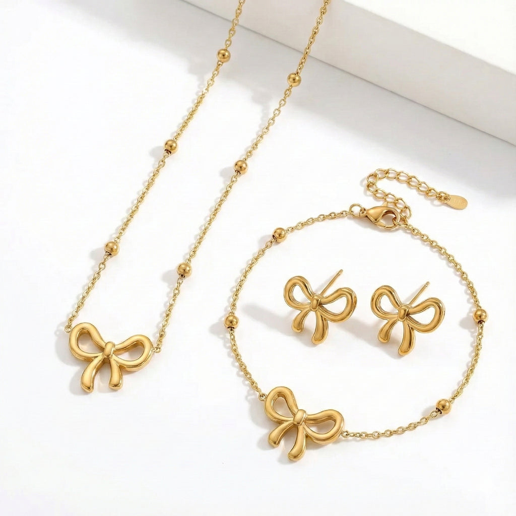 Golden Tone Bow Jewelry Trio Set