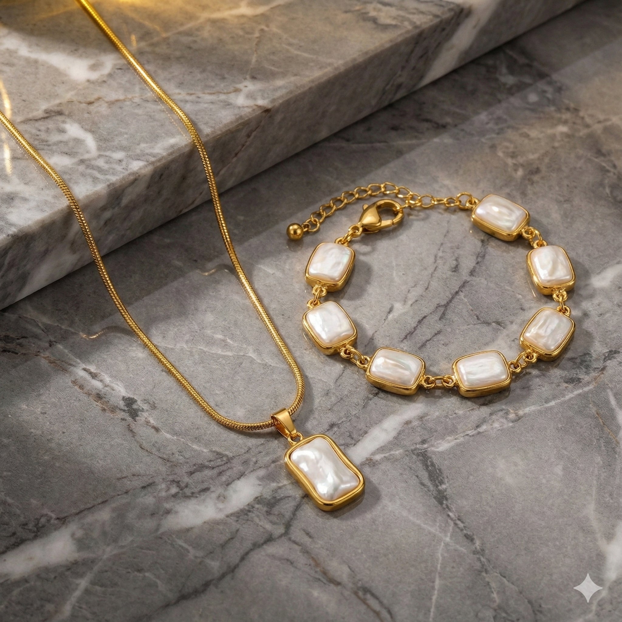 Rectangular White Pearl Golden Tone Set