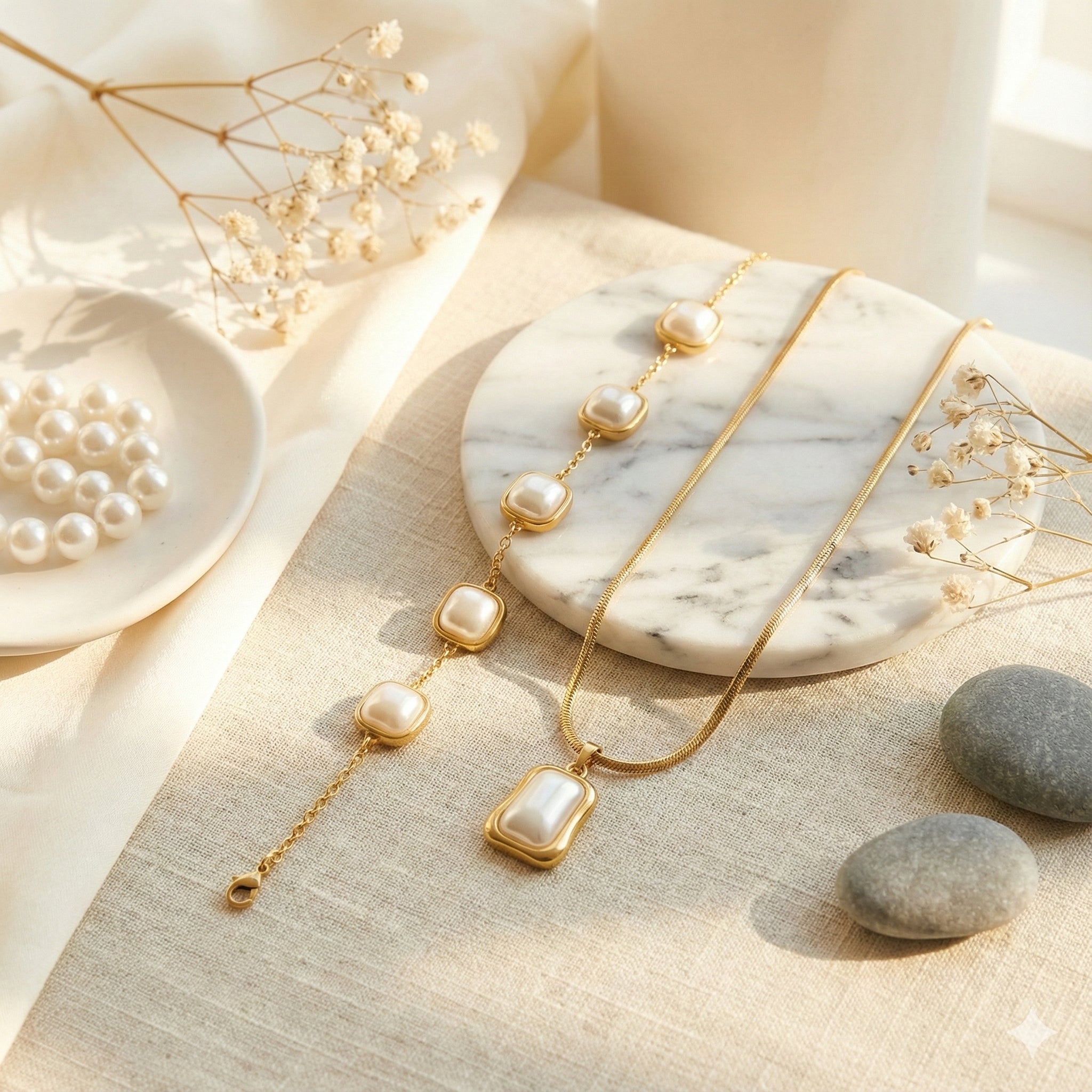 Rectangular White Pearl Golden Tone Set