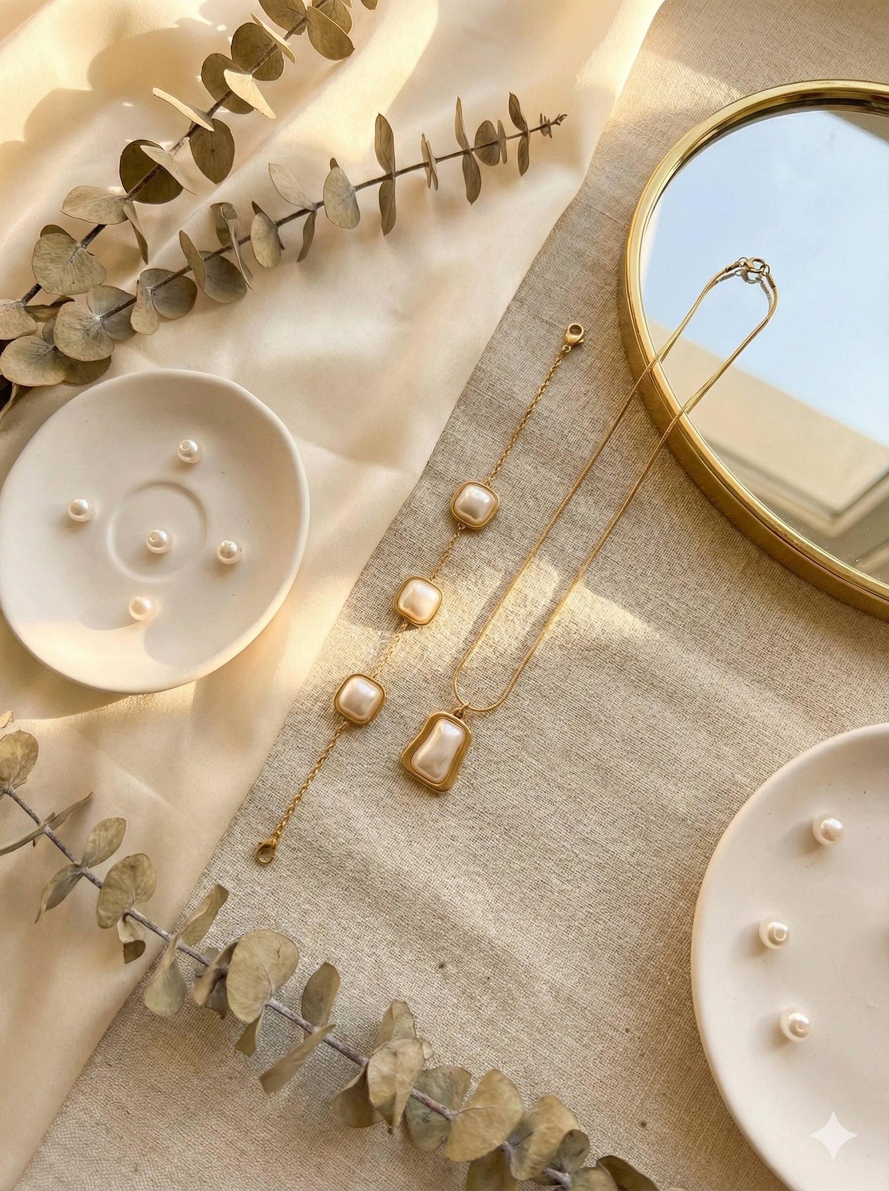 Rectangular White Pearl Golden Tone Set