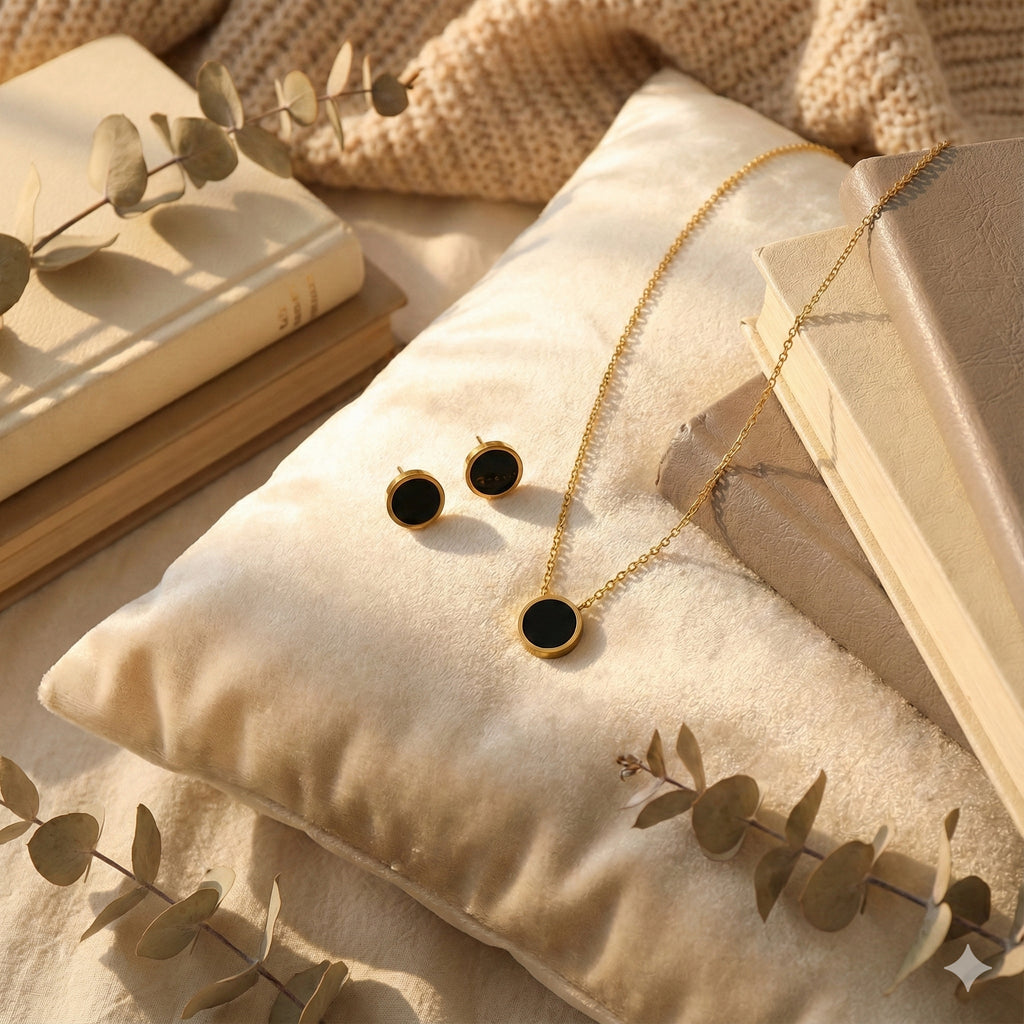 The Black Enamel Duo Set - Necklace and Stud Earrings