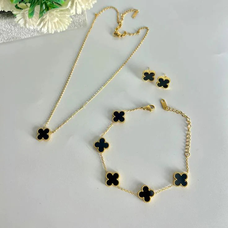 Black Enamel Clover Jewelry Set – [Set of 3]