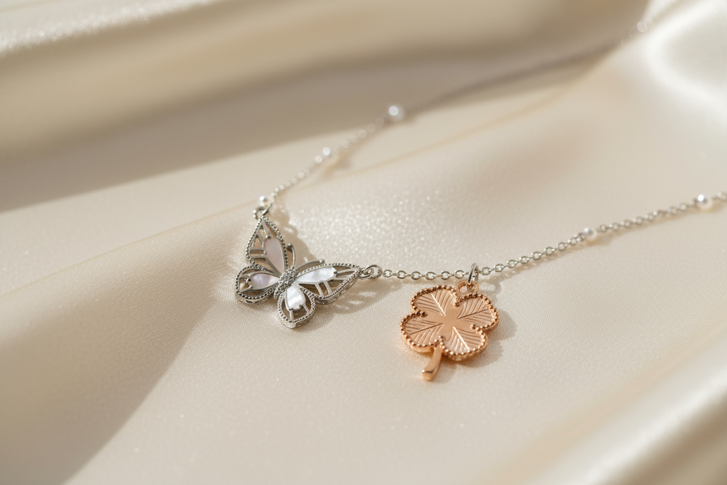 Generate a delicate and beautiful butterfly and clover necklace
