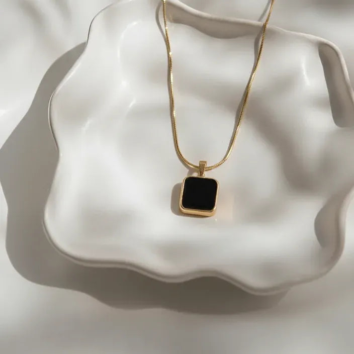 Chic Golden & Black Square Pendant Necklace