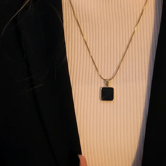 Chic Golden & Black Square Pendant Necklace